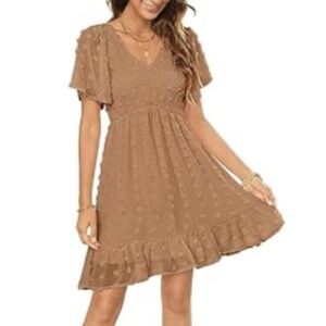 Zattcas Women’s Flutter Sleeve V Neck Tan Ruffled Mini  Dress